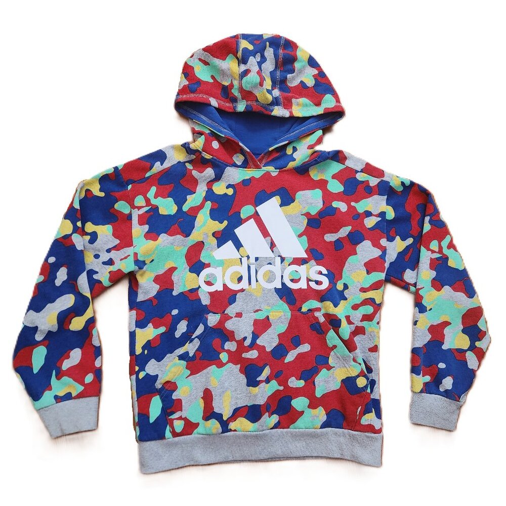 Adidas Camo Allover Print Pullover Hoodie Gray Size L 13-14 Years